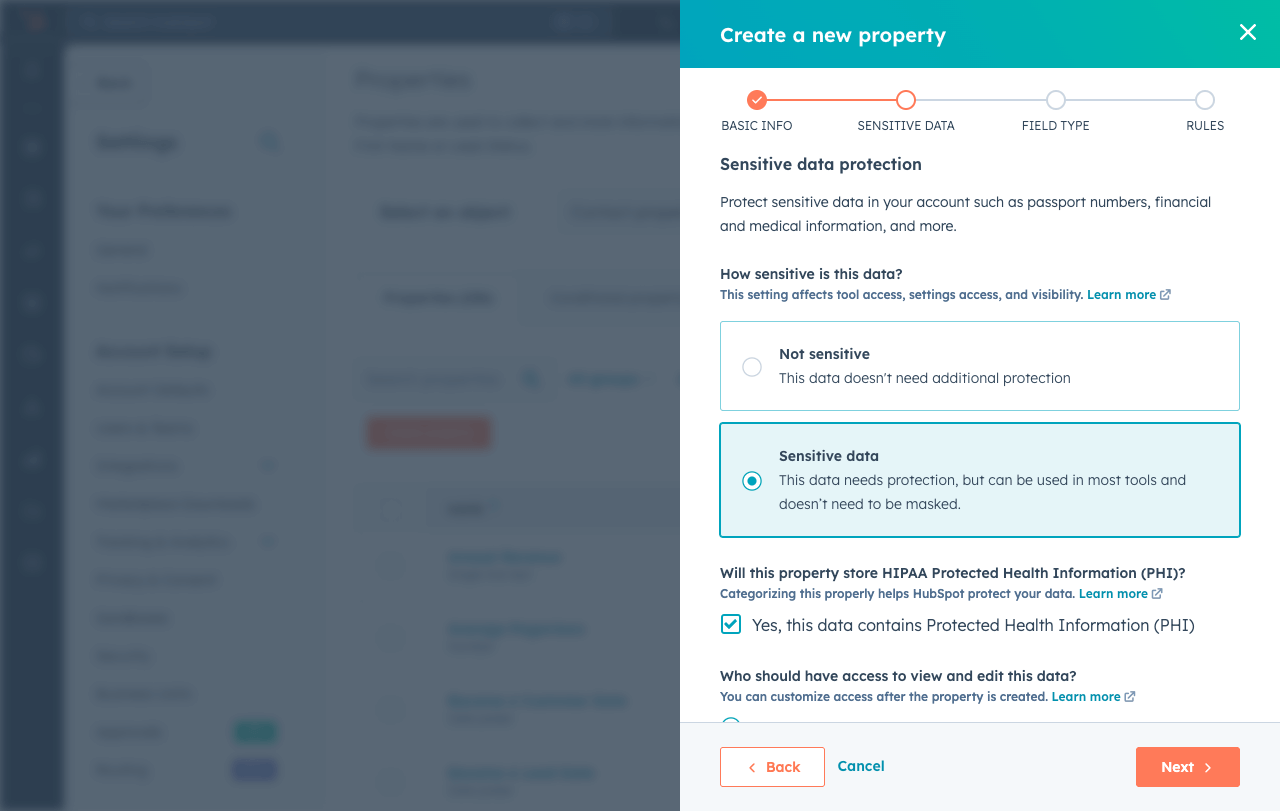 sensitive data user interface showing enable HIPAA 